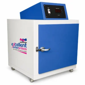 Stationary 25 kg digital welding electrode drying oven engineered for heavy industrial use. Precise 50°C–400°C digitally controlled range, three heating elements, five-shelf storage, and 1.5 KVA load. Square cabinet design with siphoning air circulation keeps low-hydrogen rods like E7016, E7018, and stainless filler stock perfectly dry. Built by Excellent Enterprises in Delhi for shipyards, fabrication units, power plants, and refineries demanding reliable moisture control and code-compliant baking.